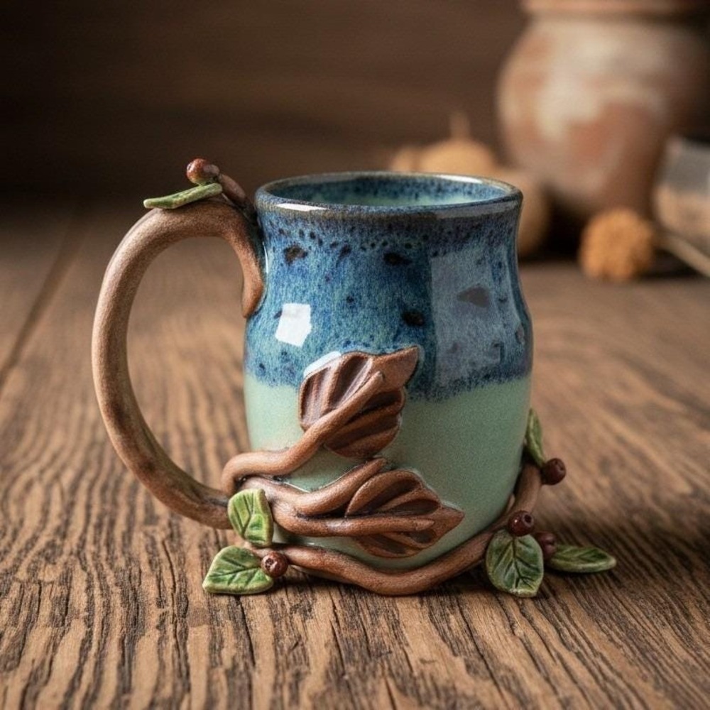 Janet Donnangelo Mountain Nest Pottery Mug, Sign Stoneware Blue Copper Vine Cup